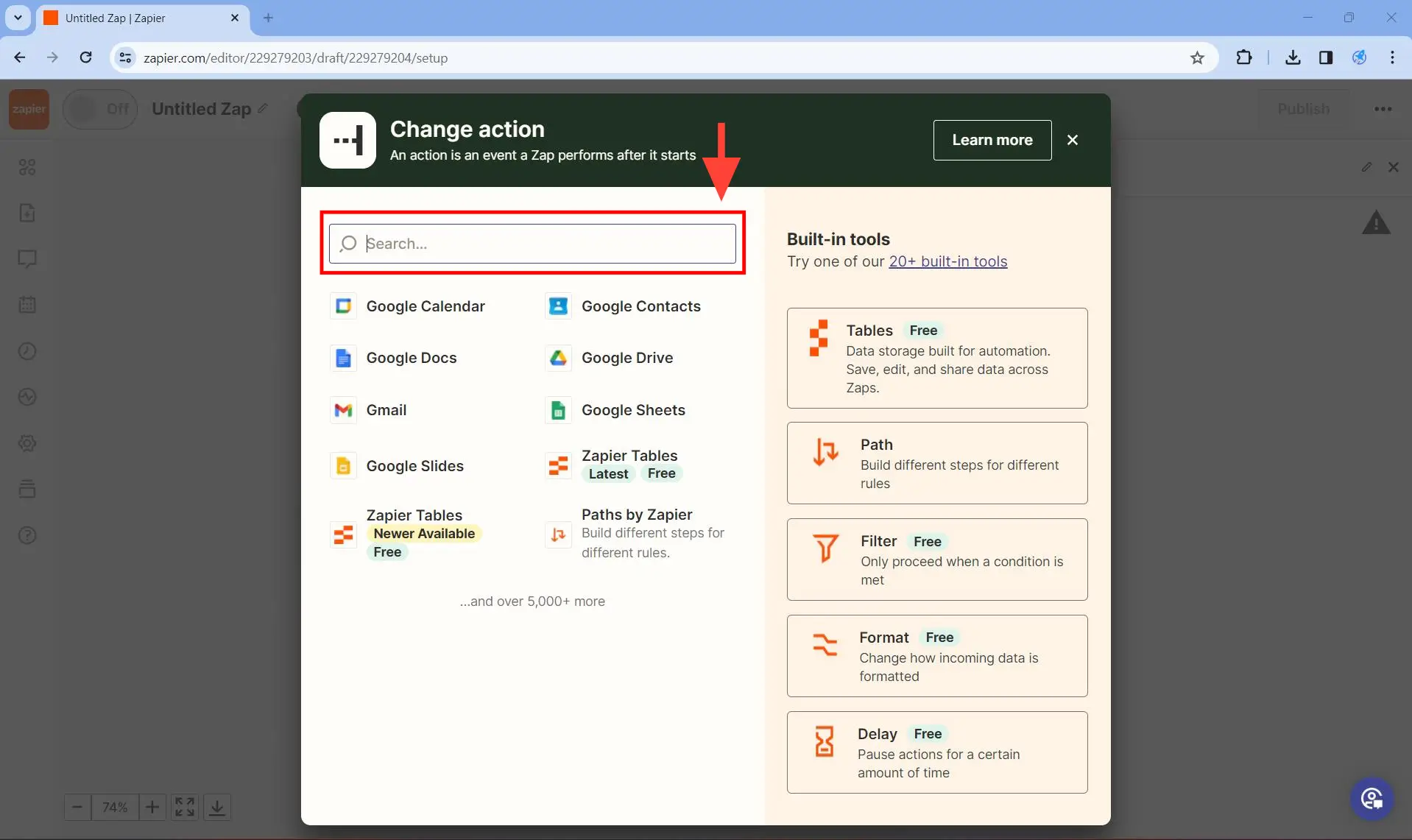 Set up at least one action - Step 1 - A search box will appear after clicking on Action. 