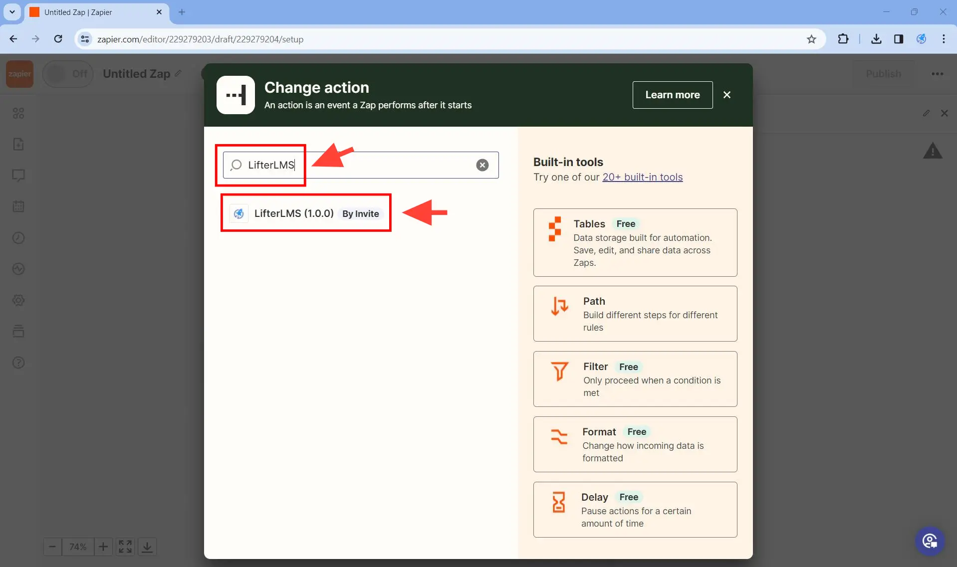 Set up at least one action - Step 2 - Type LifterLMS in the search box, then select LifterLMS from the results.