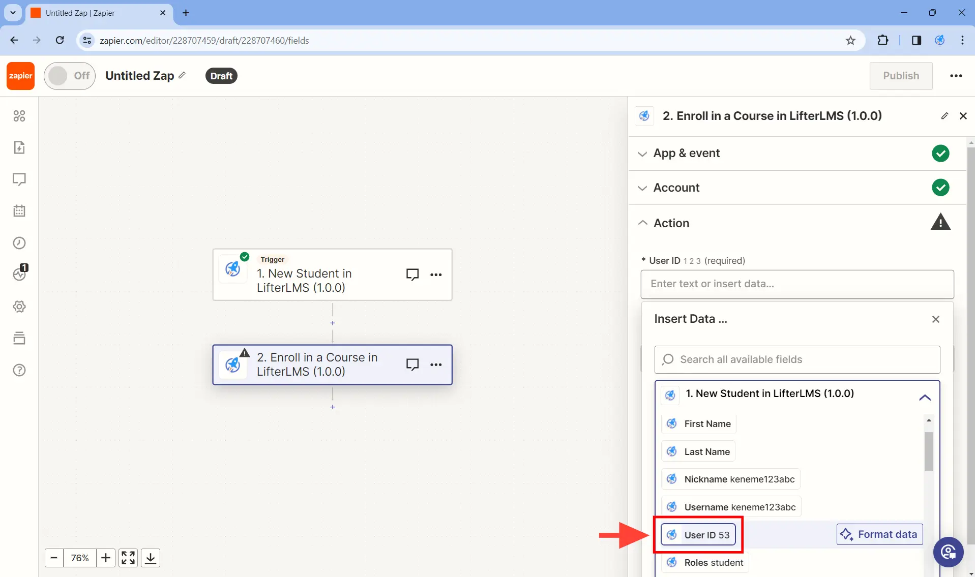 Set up at least one action - Step 6. Click on User ID to select the User ID collected by the previous trigger.
