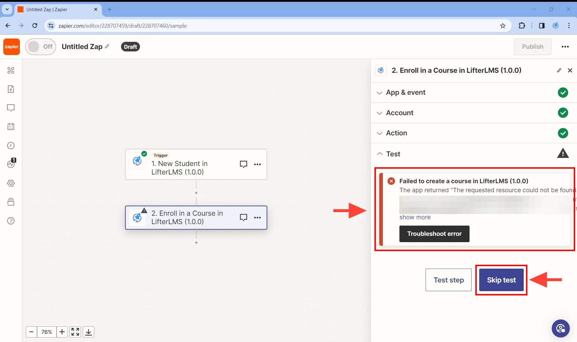 Set up at least one action - Step 8. If you do not have any WordPress user on your account, this will result in an error even if the course exists.