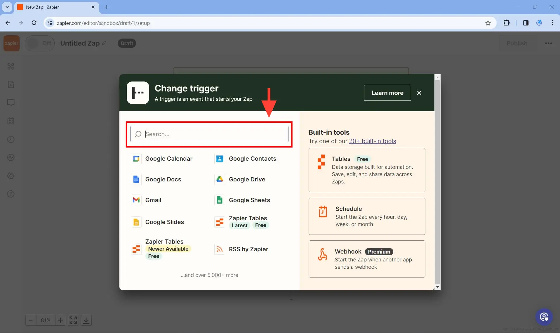 Set up the trigger - Step 1 - After clicking on 1. Trigger, a pop-up appears