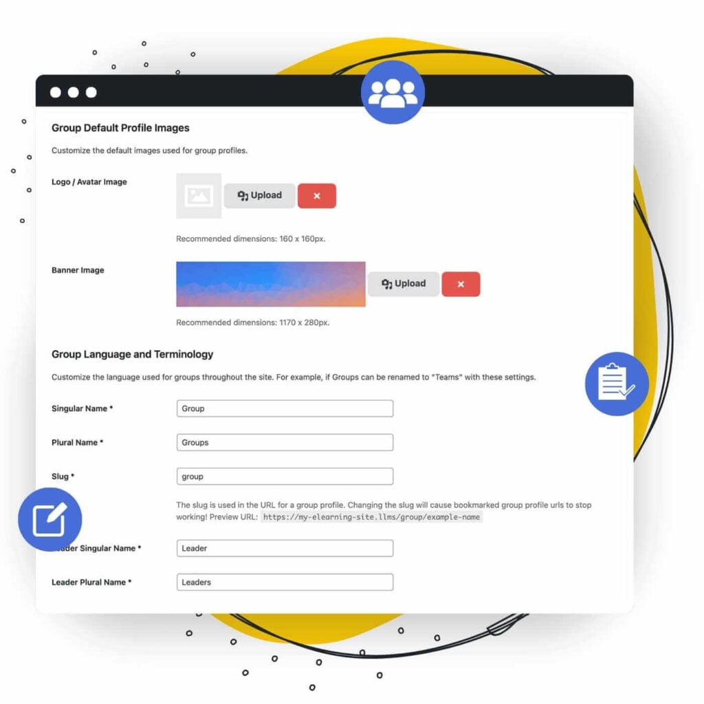 LifterLMS Groups Set Default Image and Terms in WordPress admin settings