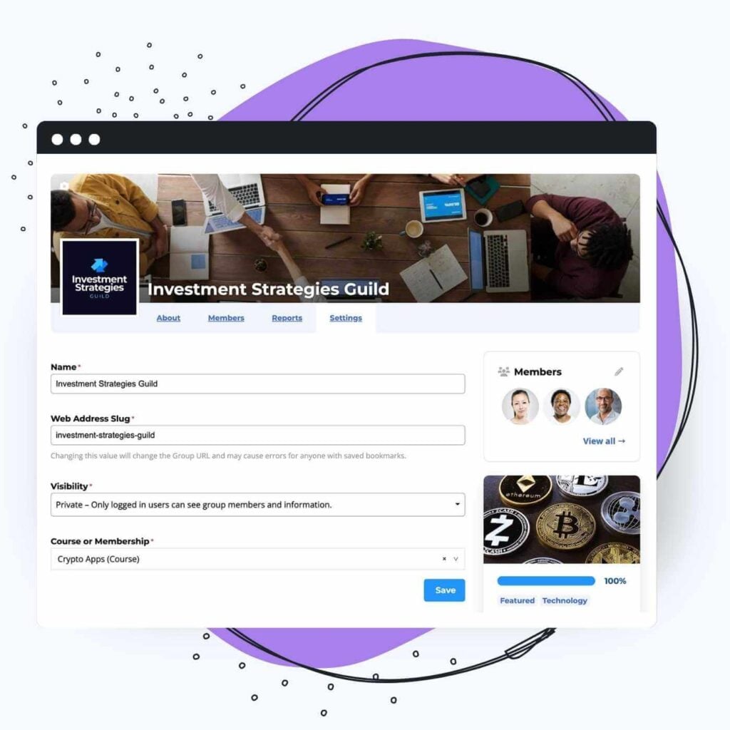 LifterLMS Single Group Frontend Page where Admins can edit group name, description, slug, and default course