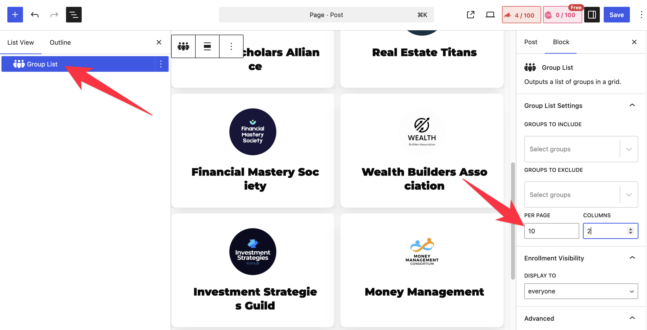 WordPress block editor displaying a LifterLMS Group List block, with its display settings open in the right sidebar.