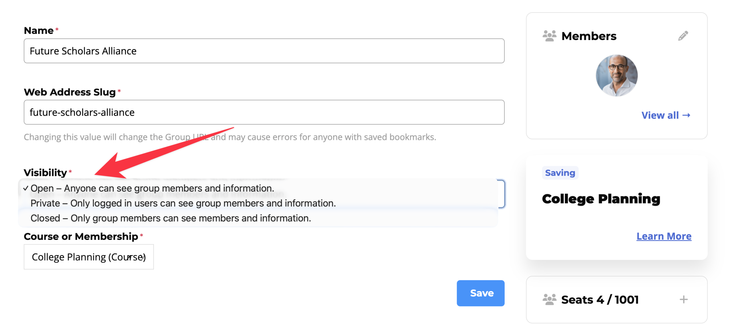LifterLMS group settings showing the Open, Private, and Closed visibility options.