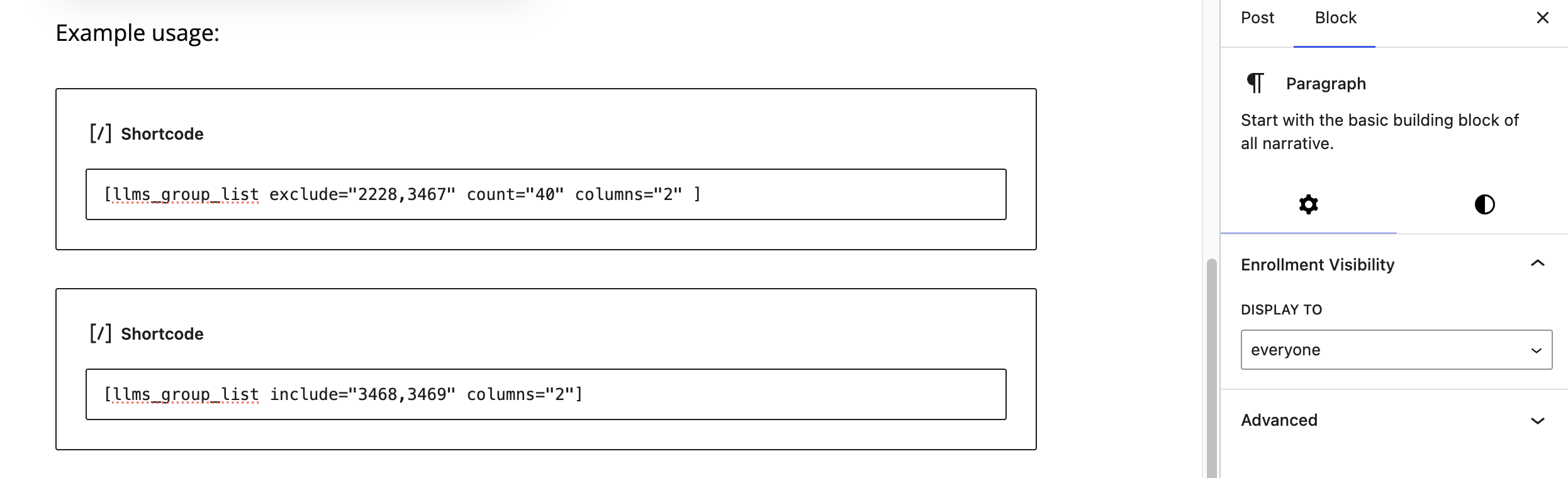 WordPress page editor showing examples of the LifterLMS group list shortcode and its optional attributes.