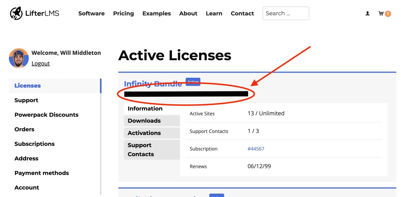 LifterLMS License Key Inside My Account