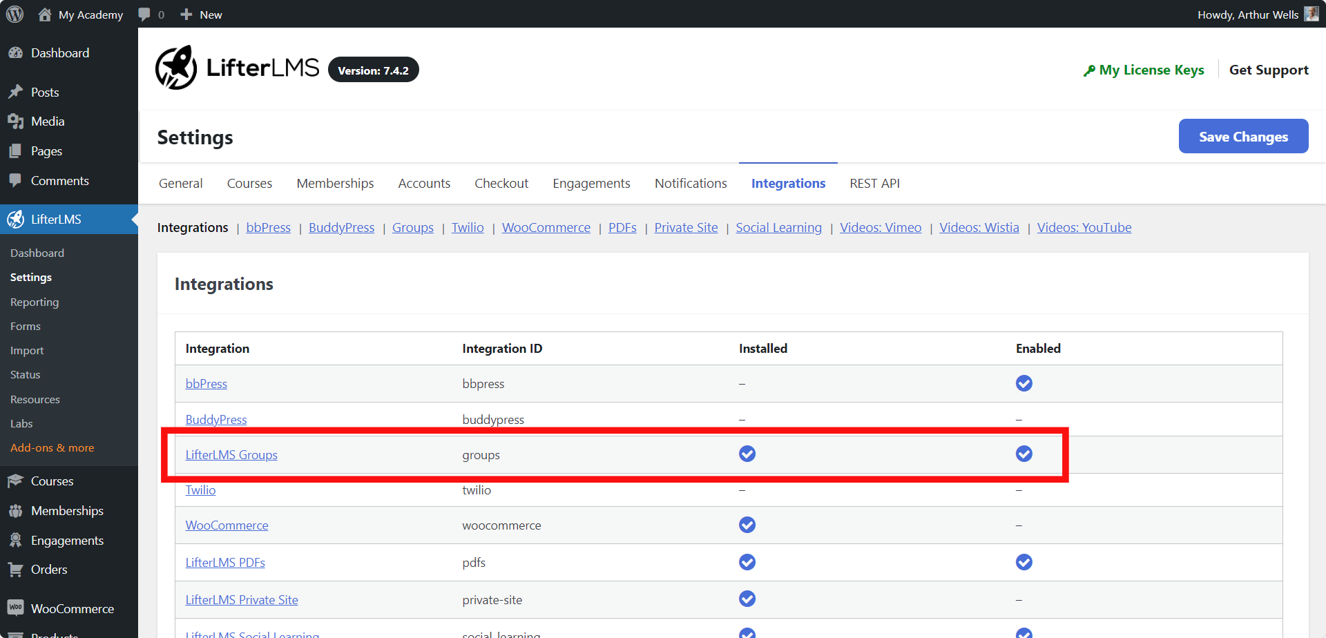Screenshot of LifterLMS Group Integration