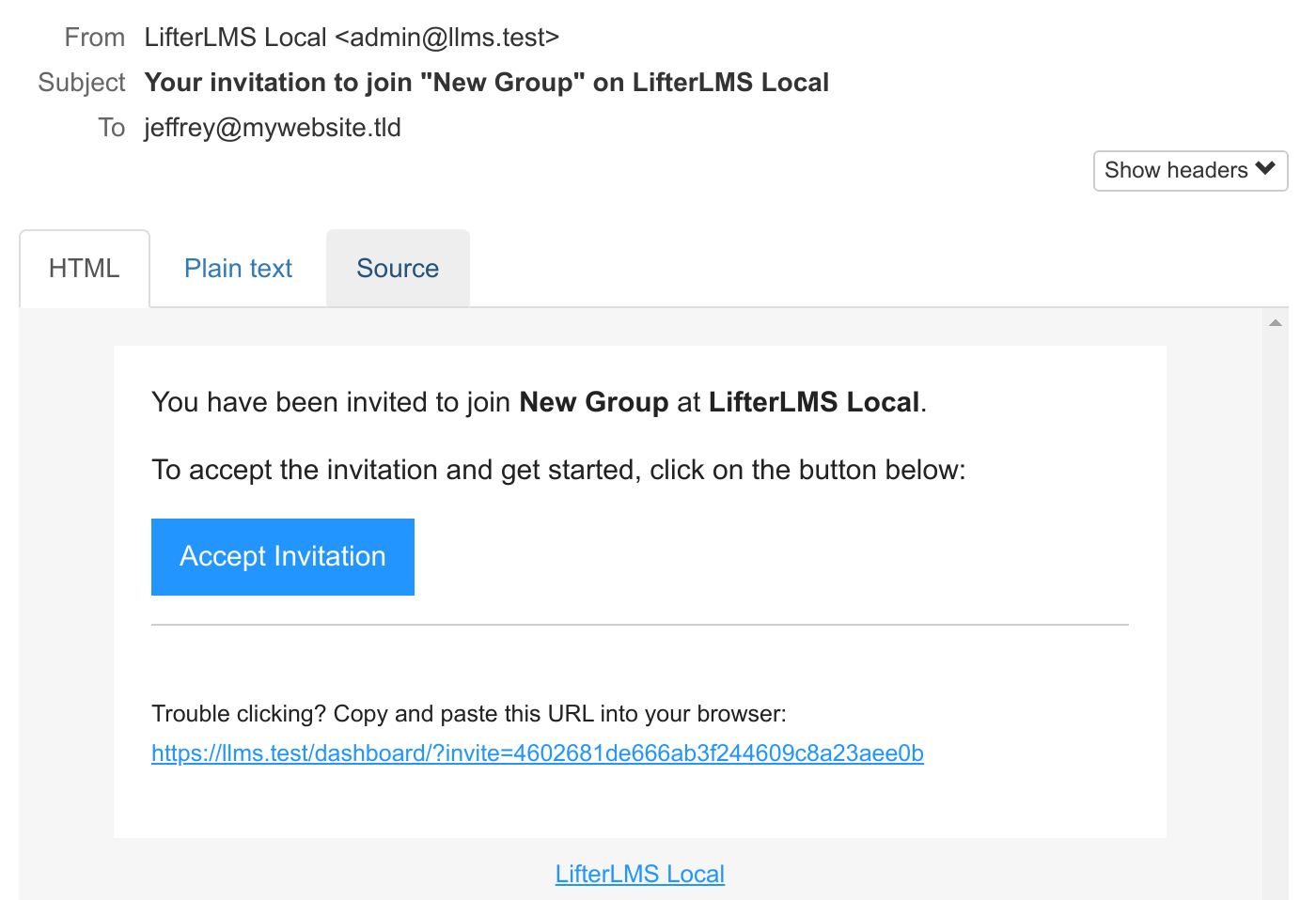 Group member invitation email