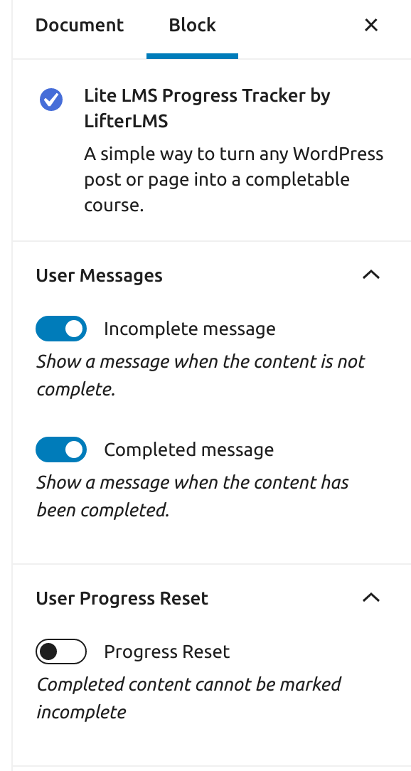progress tracker block settings
