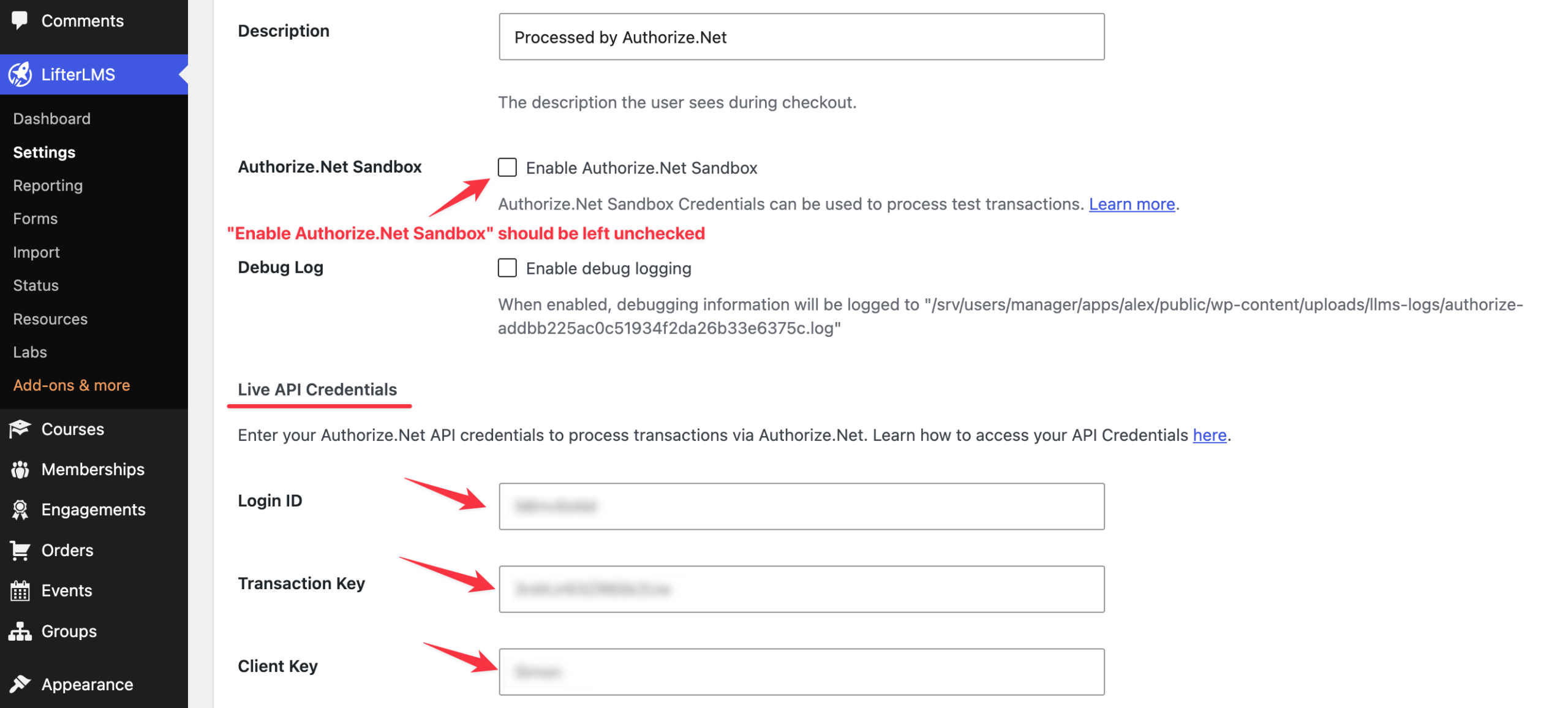 Screenshot of LifterLMS settings page showing fields for Authorize.Net API credentials