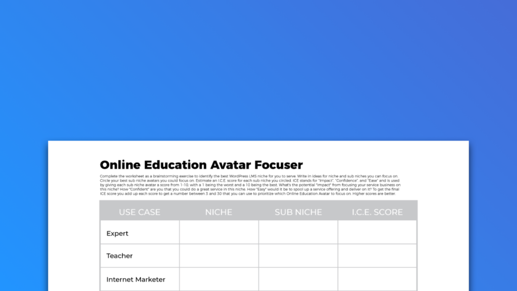 Worksheet for identifying a niche for learning management software services