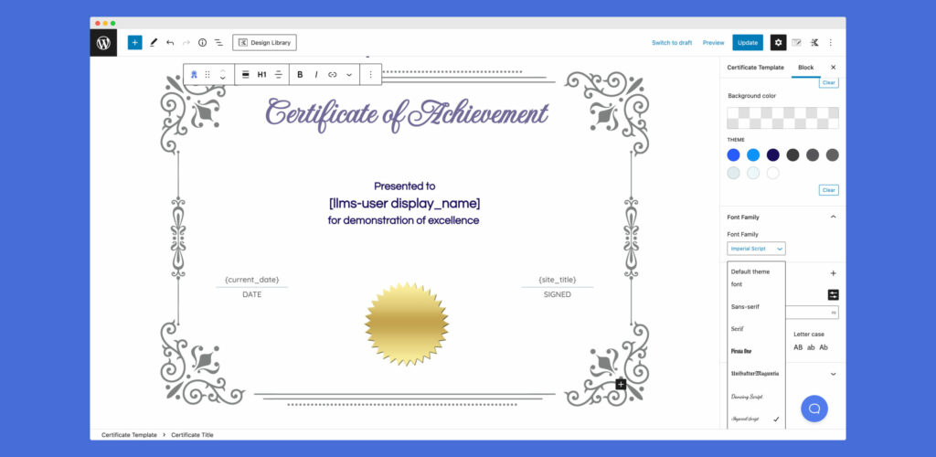 LifterLMS Certificate Title Block