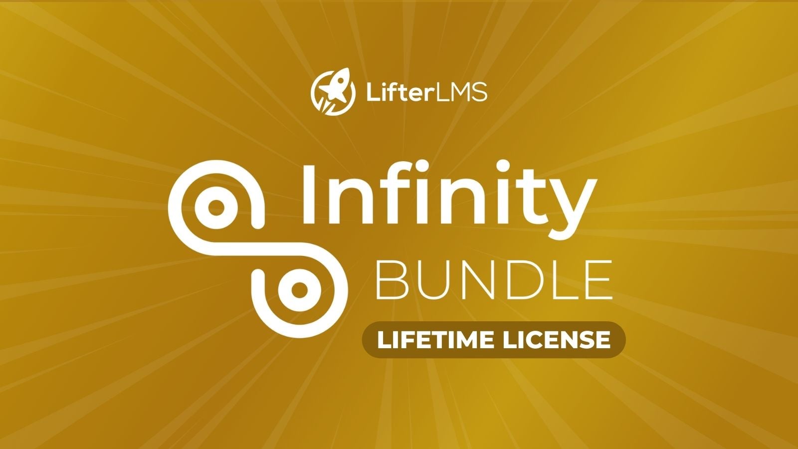 LifterLMS Infinity Bundle graphic with a gold sunburst background and text reading Lifetime License