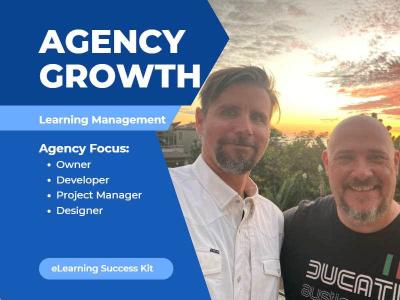 Two men smiling in front of a sunset, next to text about agency growth and learning management software