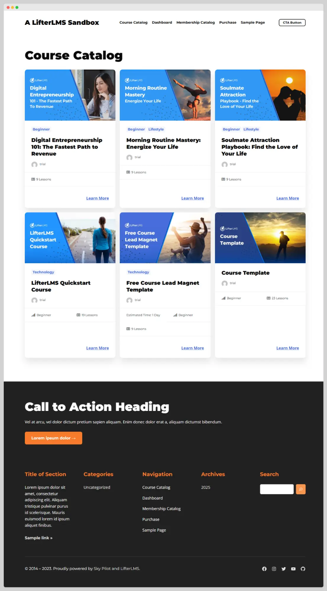 Course catalog page. If you do not have this page, run the LifterLMS setup wizard