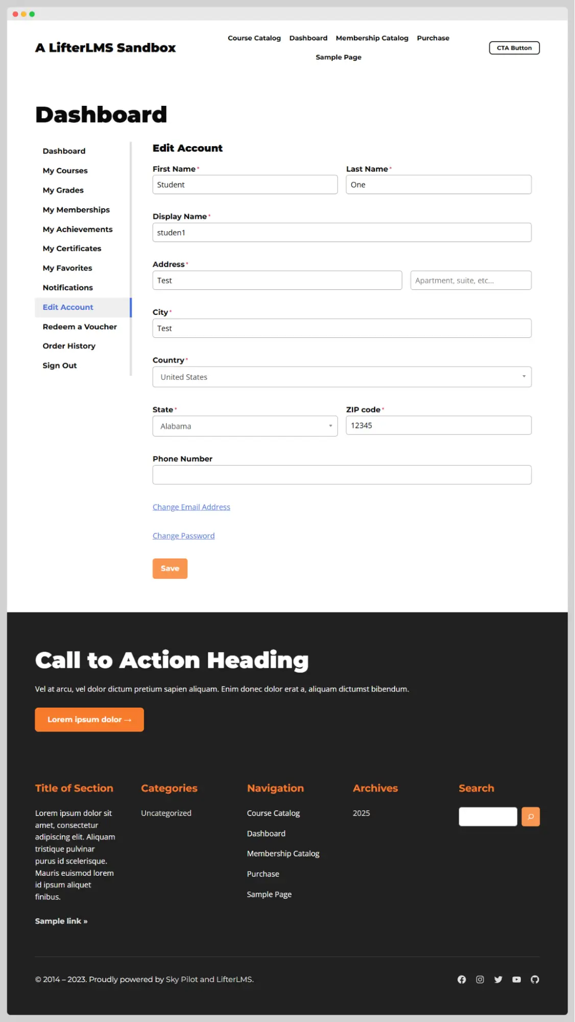 Edit Account section of the student dashboard page