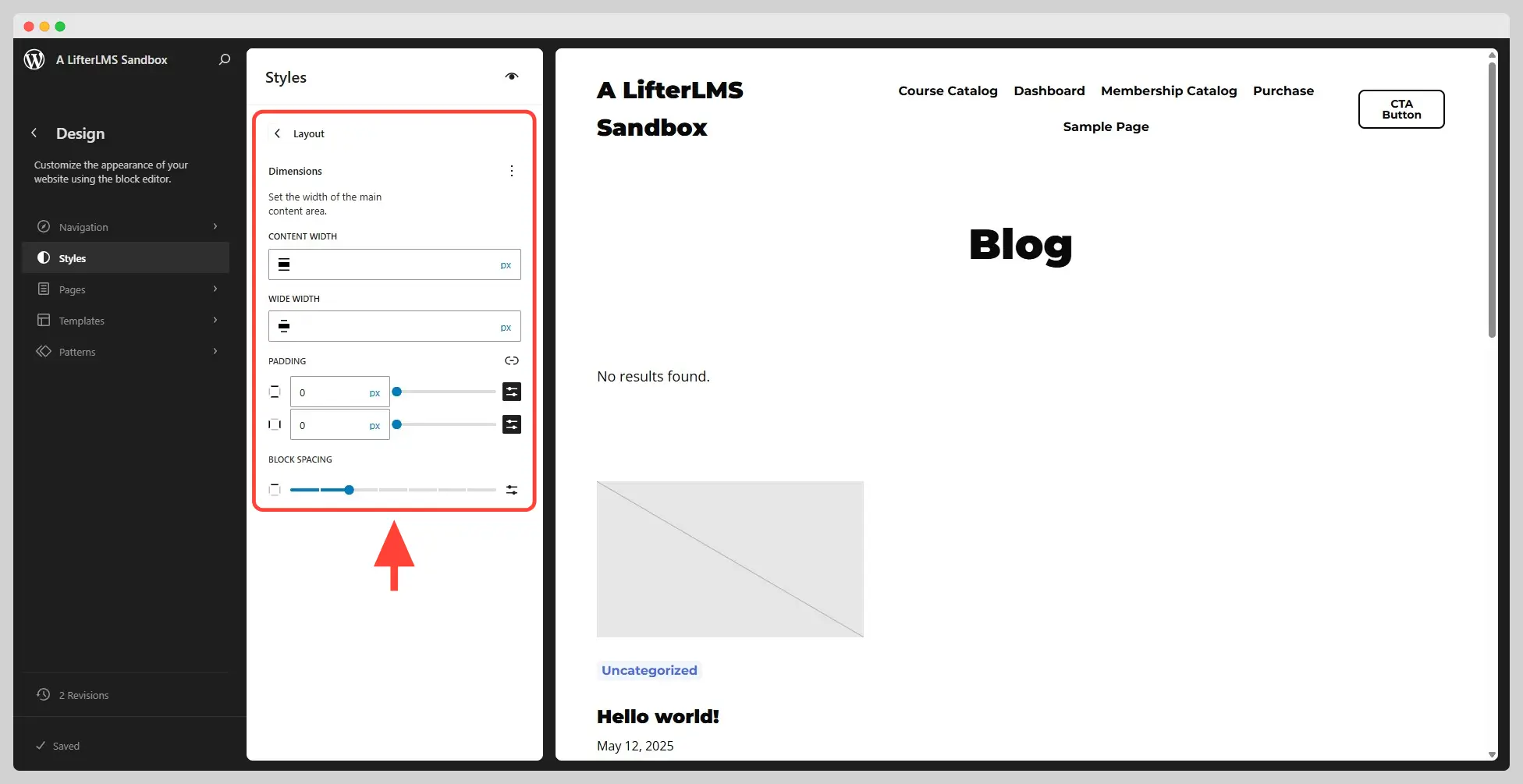 Layout section of the Styles section