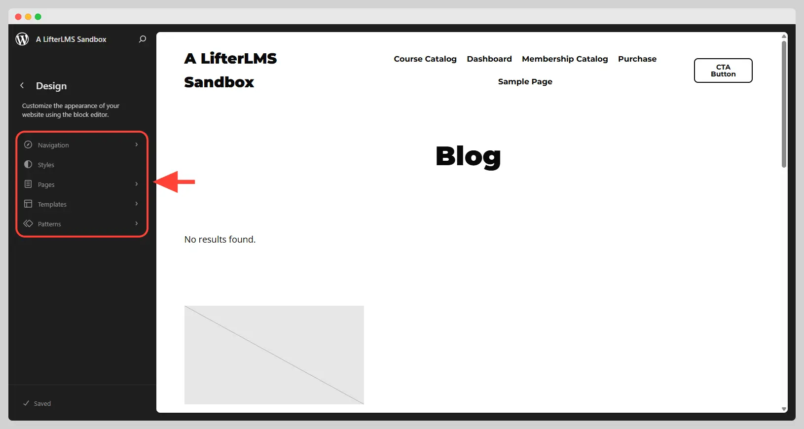 Main navigation items of the site editor