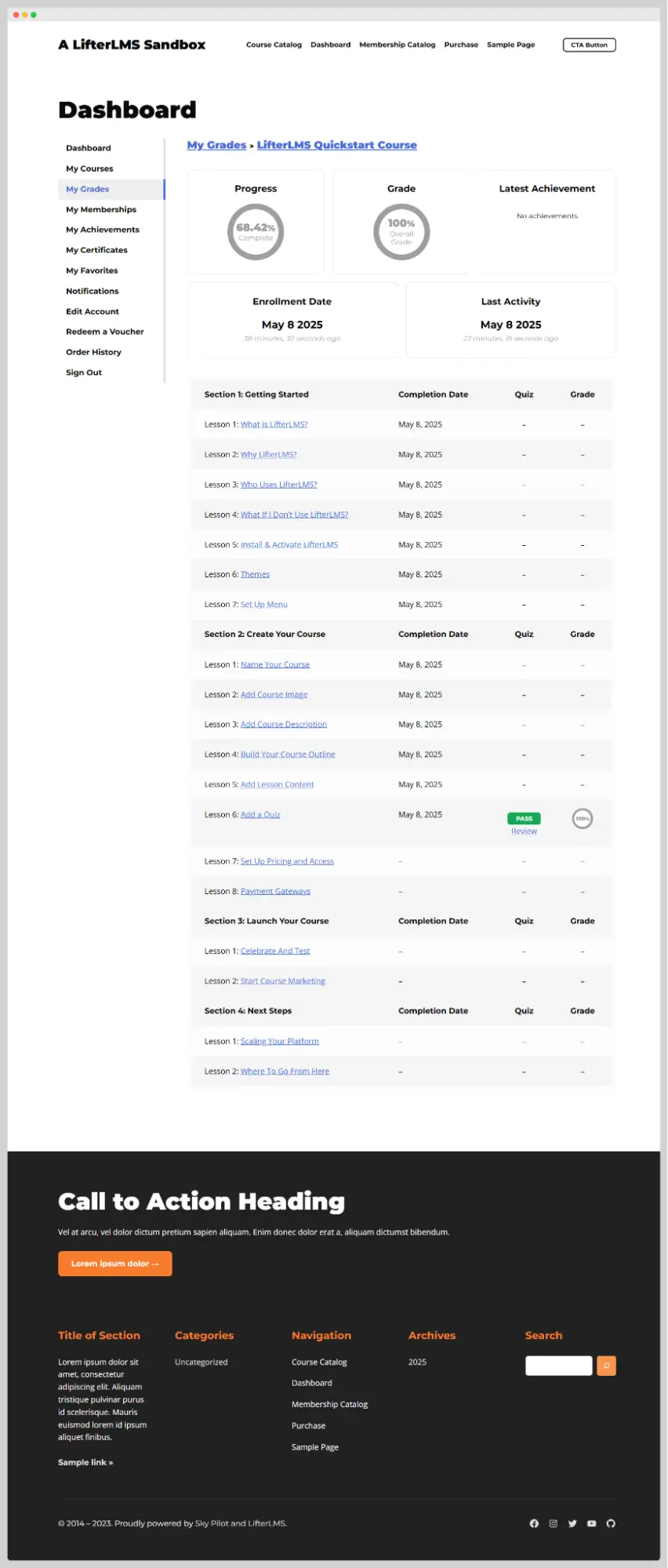 My Grades section of the student dashboard page
