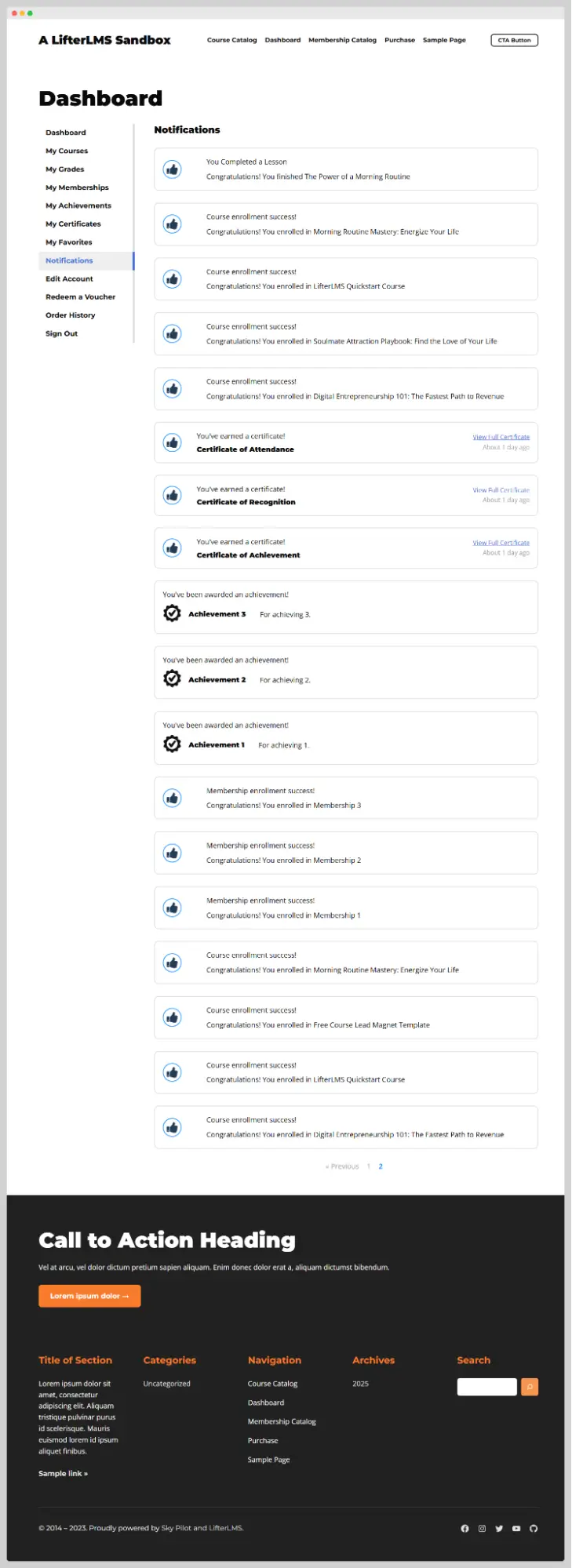 Notifications section of the student dashboard page