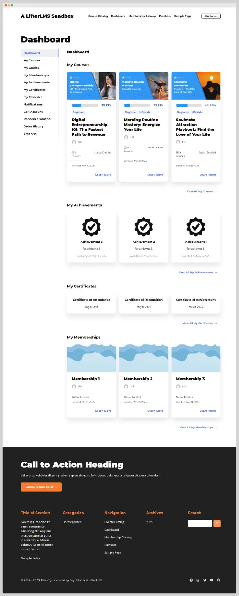 Student dashboard page when viewed by a logged-in user