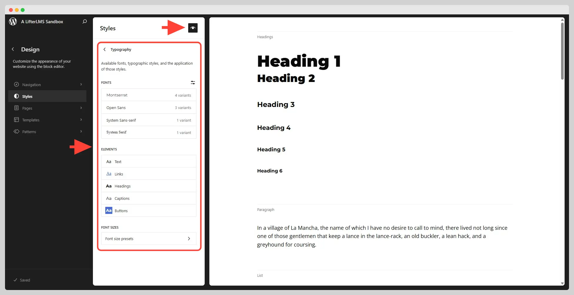 Typography section of the Styles section