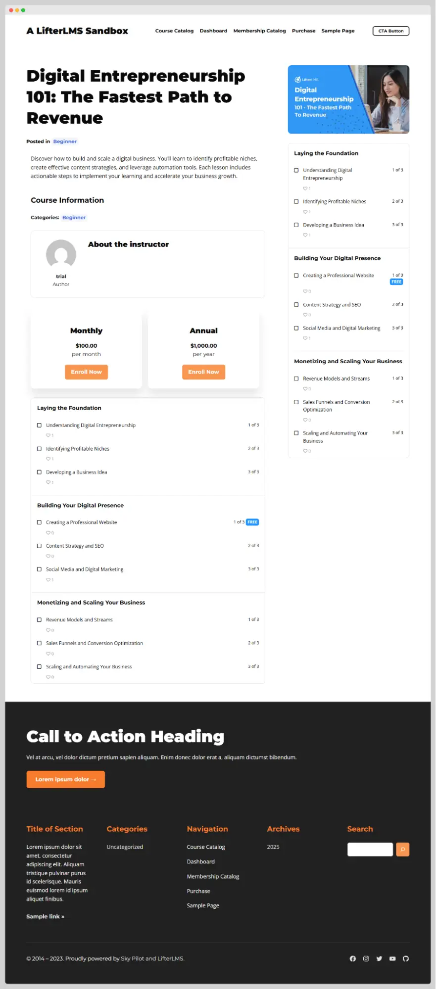 You can create a course in LifterLMS or import some sample courses by re-running the setup wizard