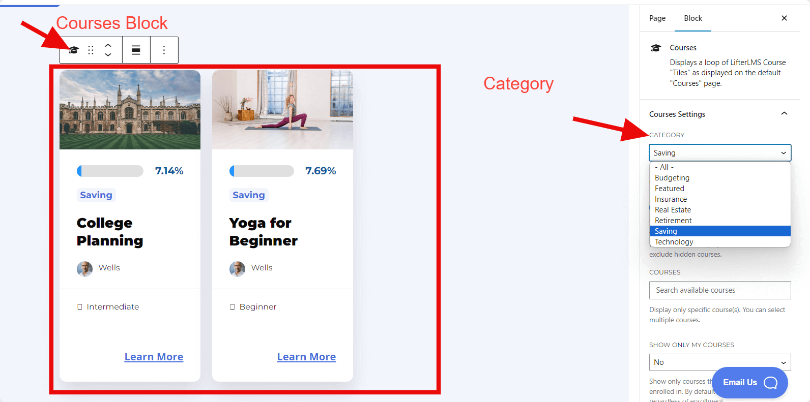 LifterLMS Courses Block Settings