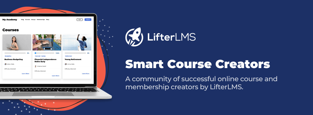Laptop displaying a LifterLMS learning management software dashboard for a community of course creators