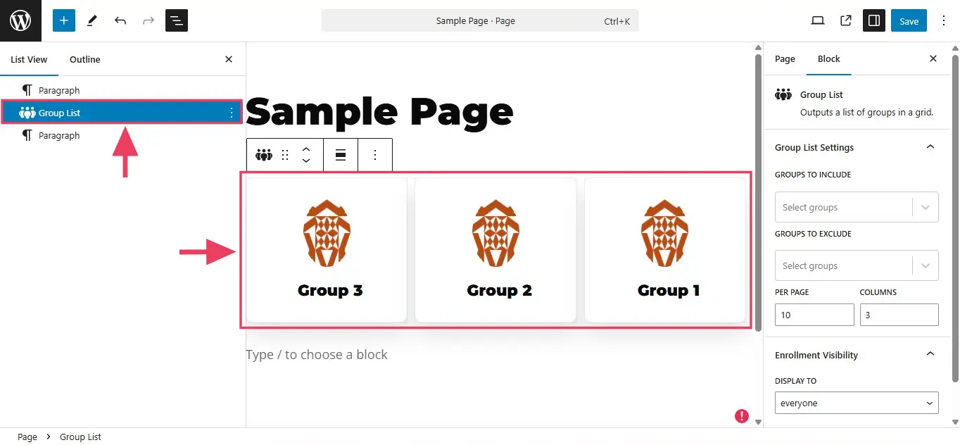 Groups List block.