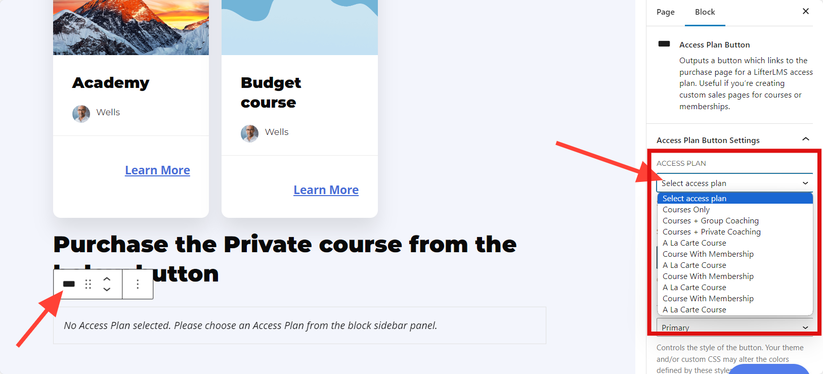 LifterLMS Access Plan Button Settings
