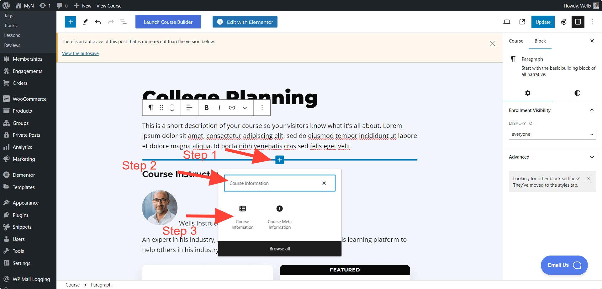 LifterLMS Course Information Block Adding Process