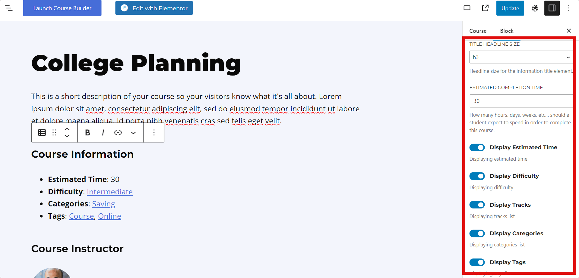 LifterLMS Course Information Settings