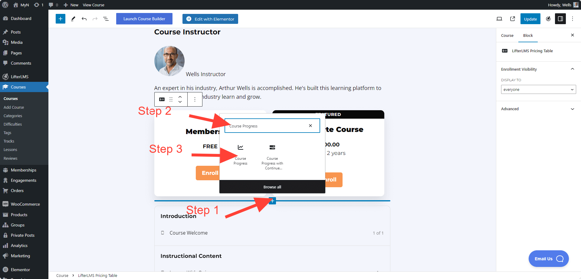 LifterLMS Course Progress Block Adding process