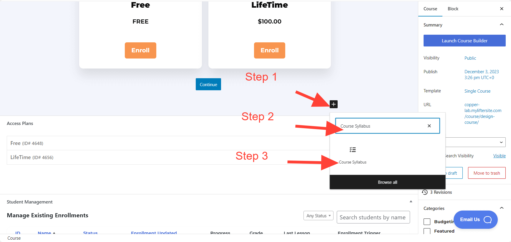 LifterLMS Course Syllabus Block Adding Process