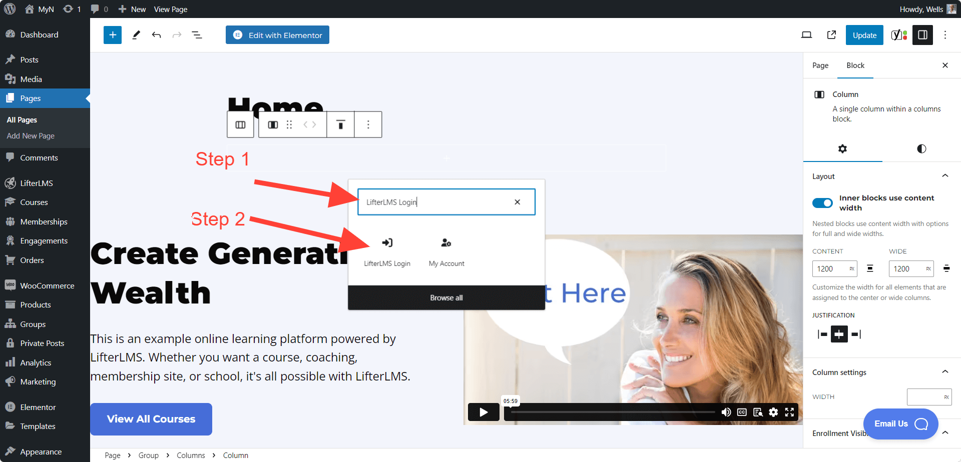 LifterLMS Login Block Adding Process