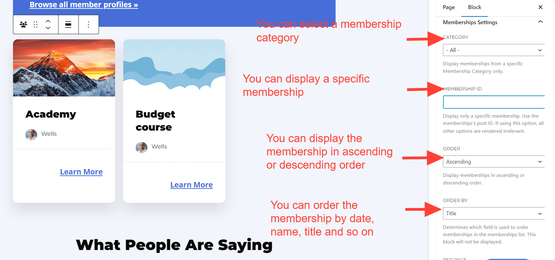 LifterLMS Membership Block Settings