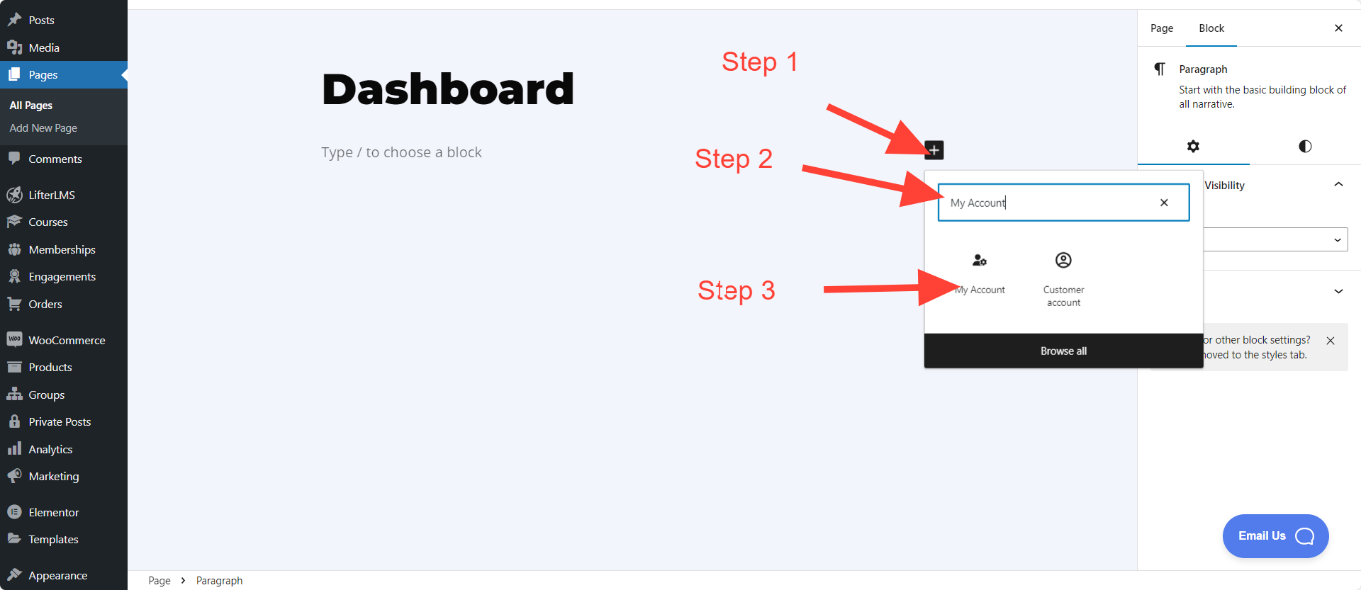 LifterLMS My Account Block Adding Process