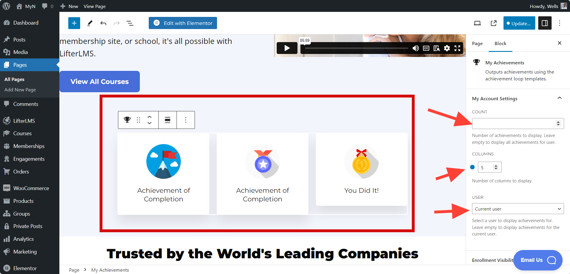 LifterLMS My Achievement Block Settings