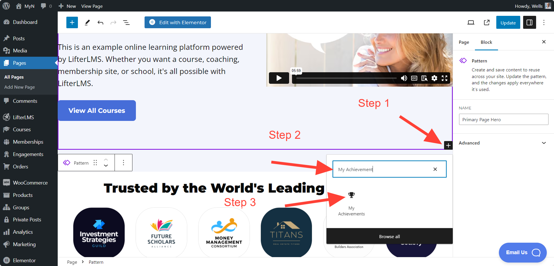LifterLMS My Achievements Block Adding Process 