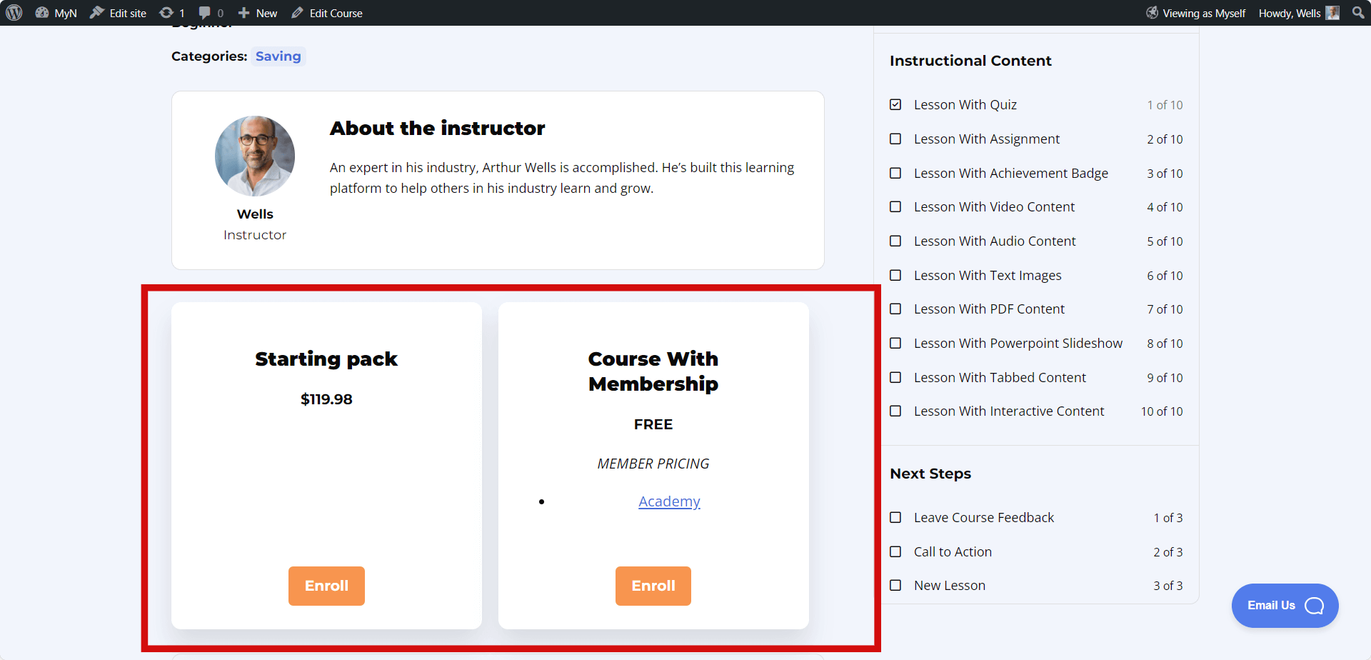 LifterLMS Pricing Table Block Frontend View