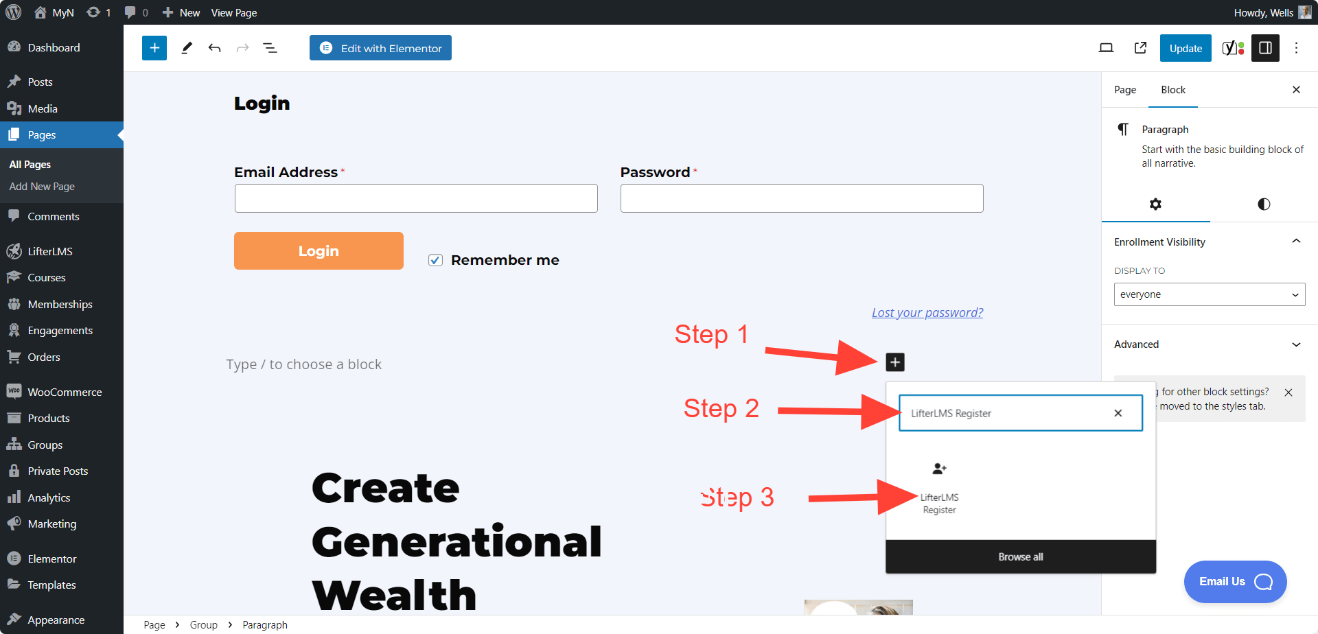 LifterLMS Register Block Adding Process