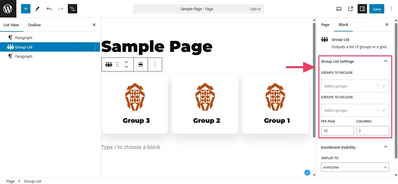Settings of the Groups List block.