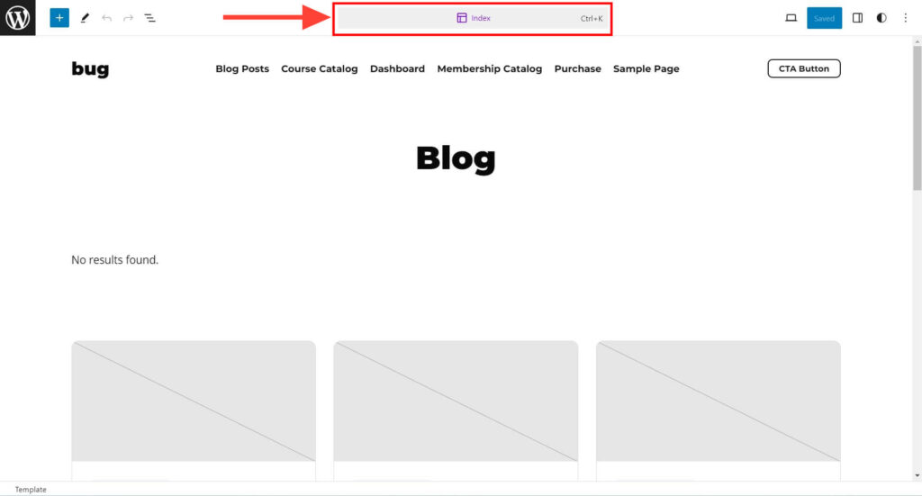 Click on the template title of the template in the site editor.