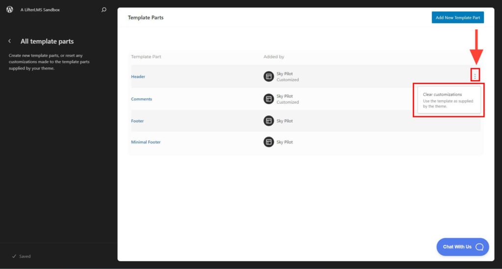 Reset customized template parts.