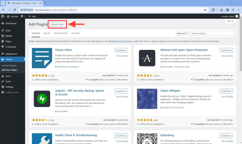 Click on the Upload Plugin button.