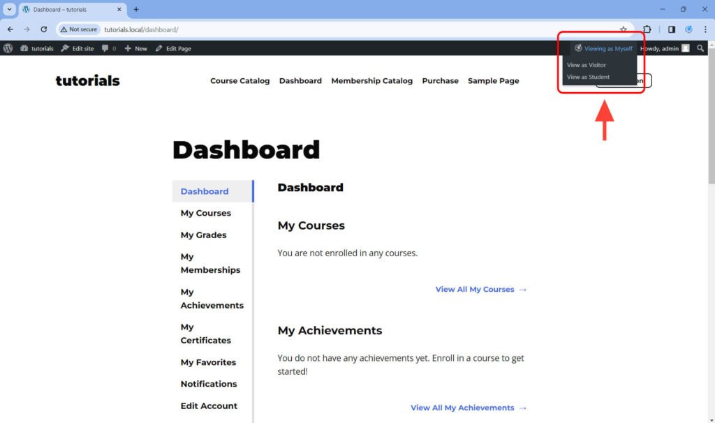 LifterLMS will add View As Myself, Visitor, and Student buttons in the admin toolbar