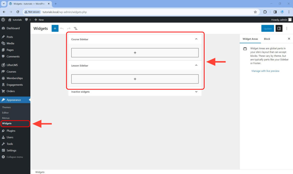 LifterLMS will add two new widget areas Course Sidebar and Lesson Sidebar.