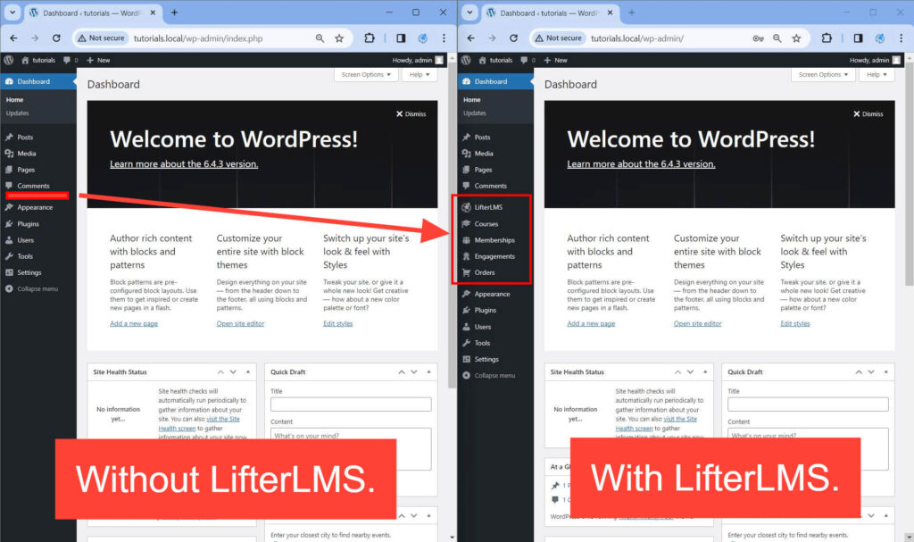 New admin menus are added when you install LifterLMS.